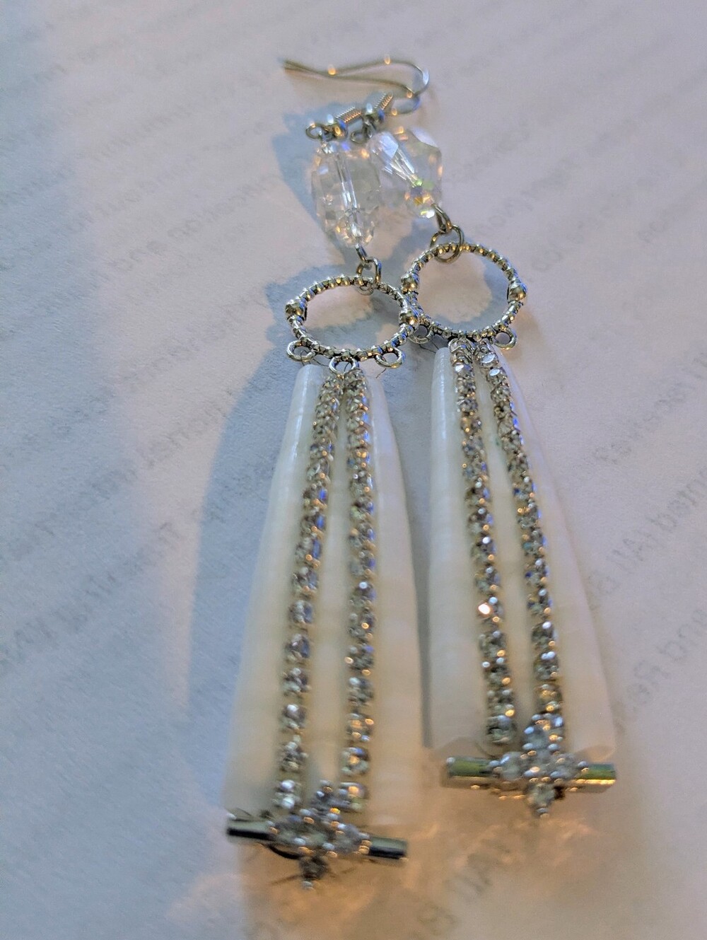 Elegant Formal White Shell Rhinestone and Crystal Drop Earrings - Picture 9 of 9